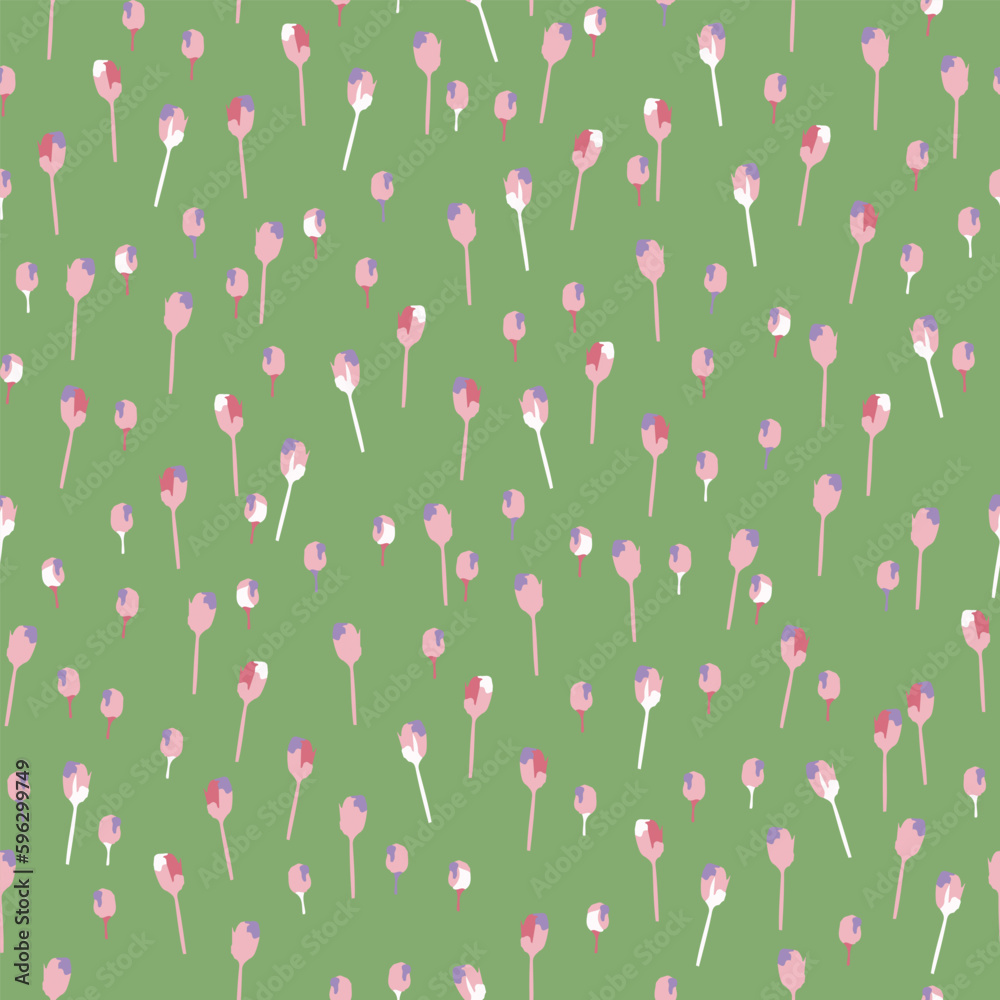 seamless mixed abstract tiny tulips pattern on green background