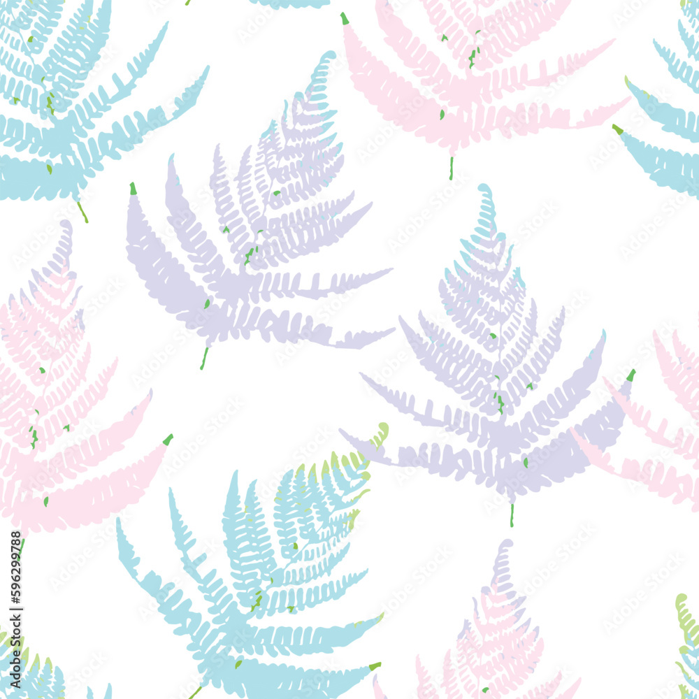 seamless simple pastel fern leaves stamp pattern on white background