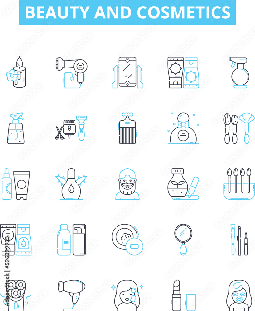 Beauty and cosmetics vector line icons set. Cosmetics, Beauty, Skincare, Makeup, Perfume, Fragrance, Hair illustration outline concept symbols and signs