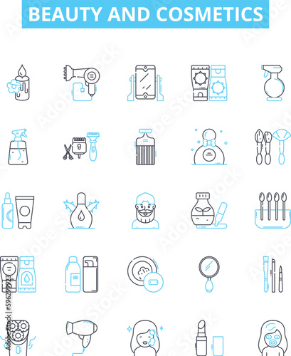 Beauty and cosmetics vector line icons set. Cosmetics, Beauty, Skincare, Makeup, Perfume, Fragrance, Hair illustration outline concept symbols and signs