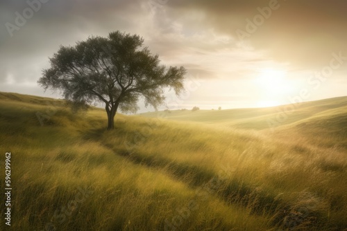 solitary tree standing in a vast grassland. Generative AI