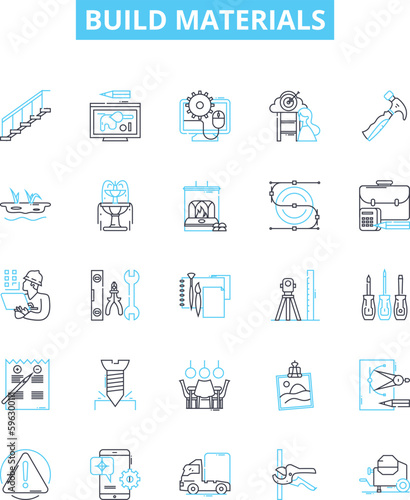 Build materials vector line icons set. Bricks, Cement, Sand, Gravel, Wood, Steel, Metal illustration outline concept symbols and signs