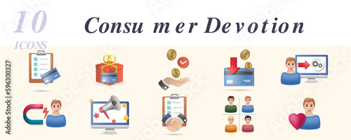 Consumer devotion set. Creative icons: credit program, loyalty card, benefit, cash back, saas, retention, promotion, liability, segmentation, customer loyalty.