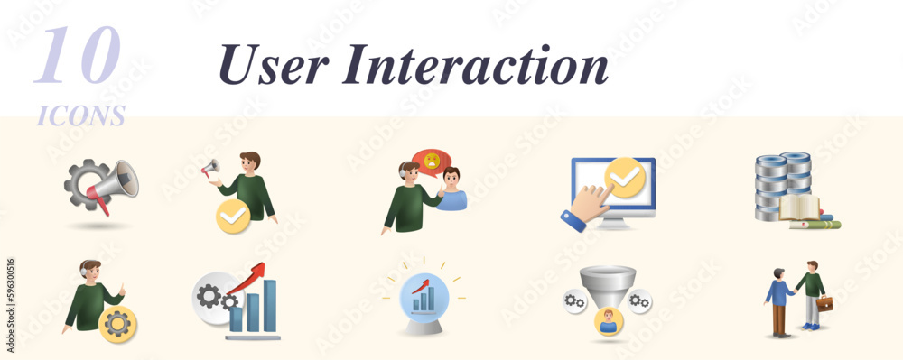 Fototapeta premium User interactions set. Creative icons: marketing automation, marketing qualified lead, customer issues, self service, knowledge base, support automation, conversion process, predictive analytics