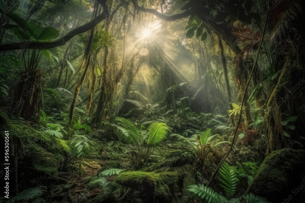 Fototapeta premium lush and dense forest with a variety of flora and fauna. Generative AI