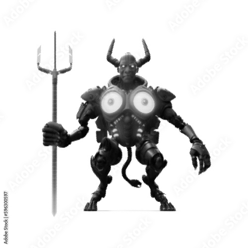 Demonic cyborg with horns holding a trident. Isolated on white background. Vector illustration. Halftone design.
