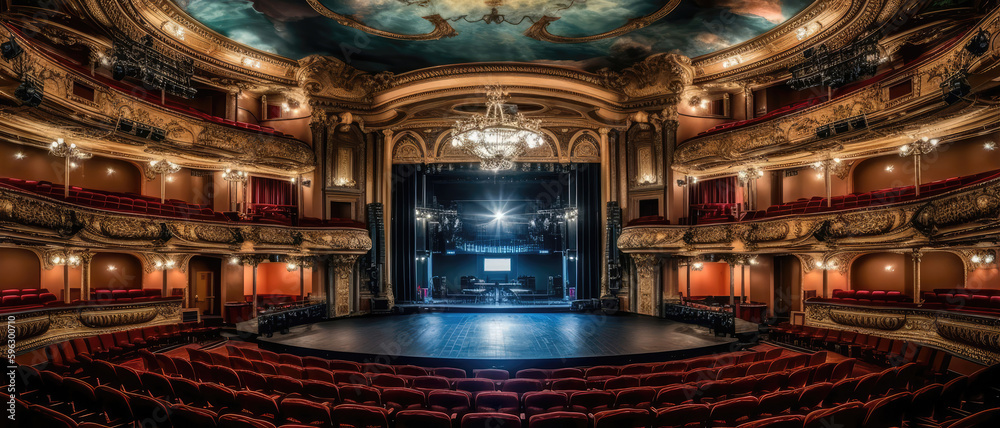 A Grand Theater With Lavish Productions Panoramic Background. Generative AI