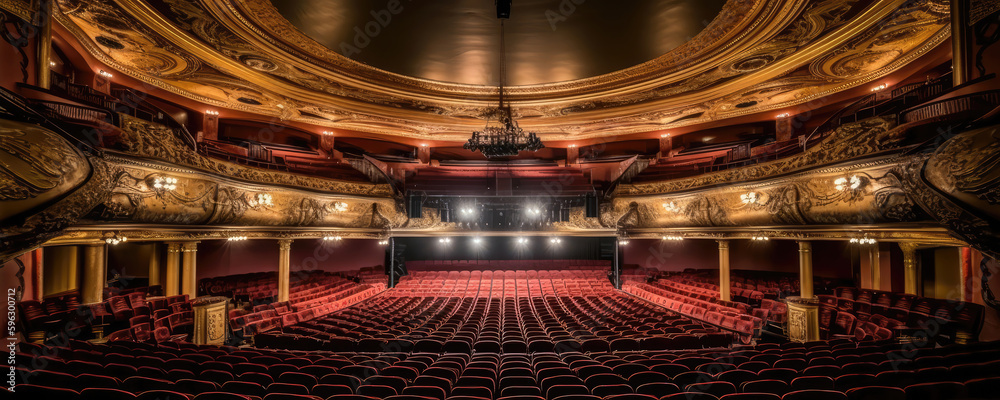 A Grand Theater With Lavish Productions Panoramic Background. Generative AI