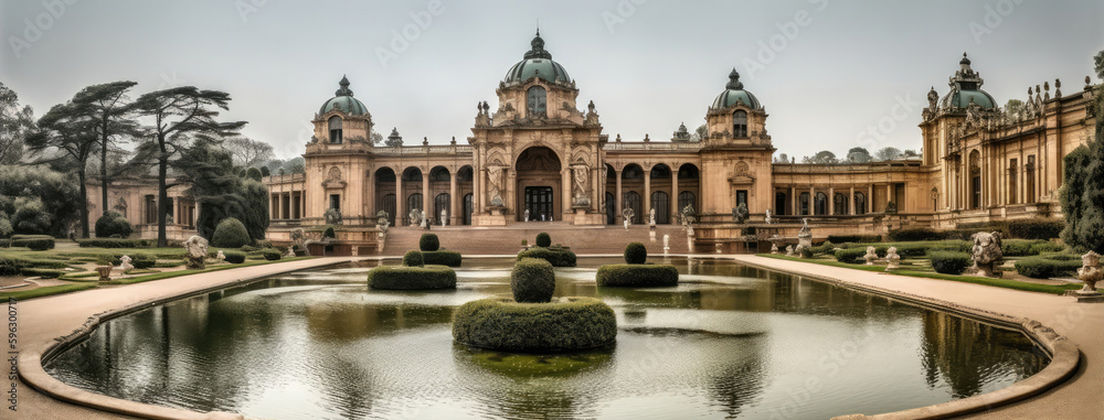 A Majestic Palace With Fountains And Statues Panoramic Background. Generative AI