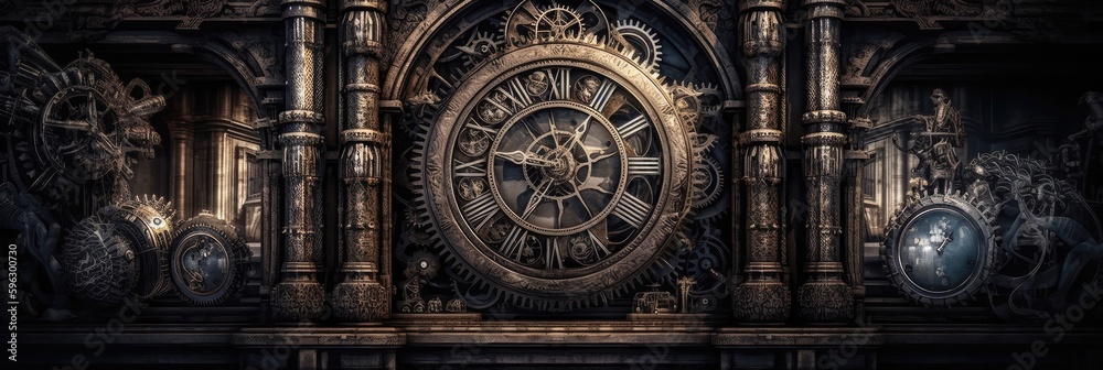 A Massive Clock Tower With Intricate Gears Panoramic Background. Generative AI