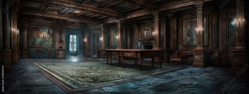 A Haunted Mansion With Creaky Floors Panoramic Background. Generative AI