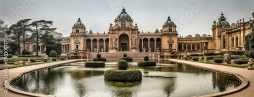 A Majestic Palace With Fountains And Statues Panoramic Background. Generative AI
