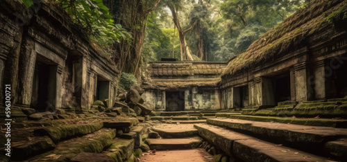 A Hidden Temple With Secret Passages Panoramic Background. Generative AI © Ян Заболотний