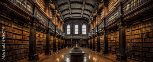 A Grand Library With Endless Shelves Panoramic Background. Generative AI