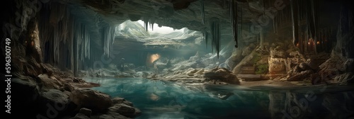 A Massive Cave System With Underground Rivers Panoramic Background. Generative AI photo