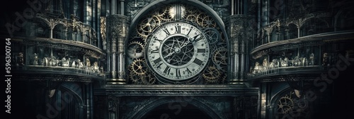 A Massive Clock Tower With Intricate Gears Panoramic Background. Generative AI