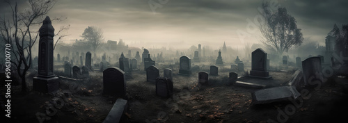 A Massive Graveyard With Haunting Spirits Panoramic Background. Generative AI photo