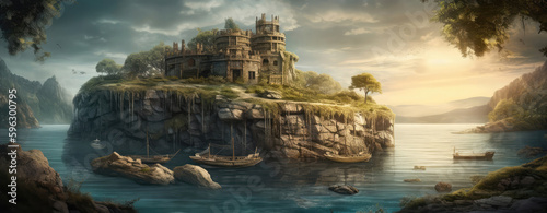 A Mysterious Island With Ruins And Secrets Panoramic Background. Generative AI © Ян Заболотний