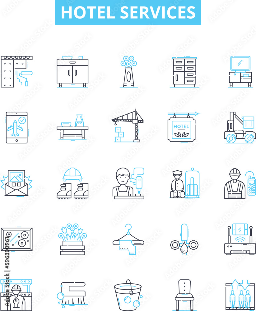 Hotel services vector line icons set. Accommodation, Amenities, Restaurants, Catering, Spa, Pool, Swimming illustration outline concept symbols and signs Hotel services vector line icons set. Accommodation, Amenities, Restaurants, Catering, Spa, Pool, Swimming illustration outline concept symbols and signs