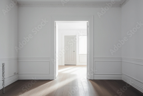 an empty room with white walls and hardwood floors. Generative Ai