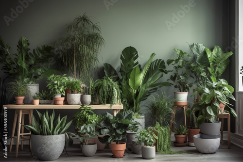 House plants in interior. Collection of house plants in flower pots on green background. Close-up. Generated AI