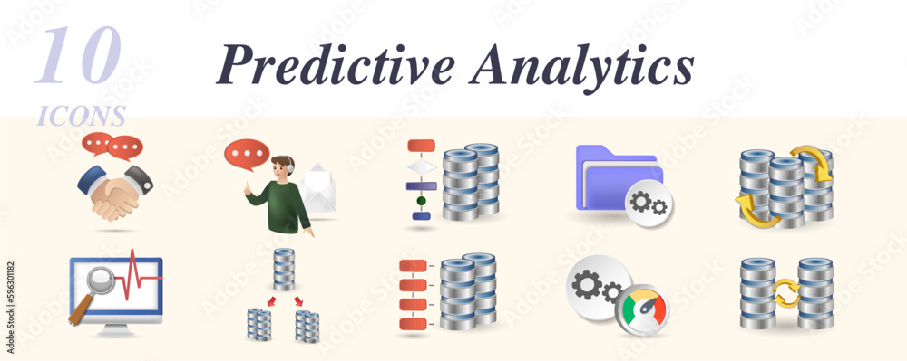 Predictive analytics set. Creative icons: potential clients, data structure, file management, update, system monitoring, distributed database, database architecture, fast processing, backup.