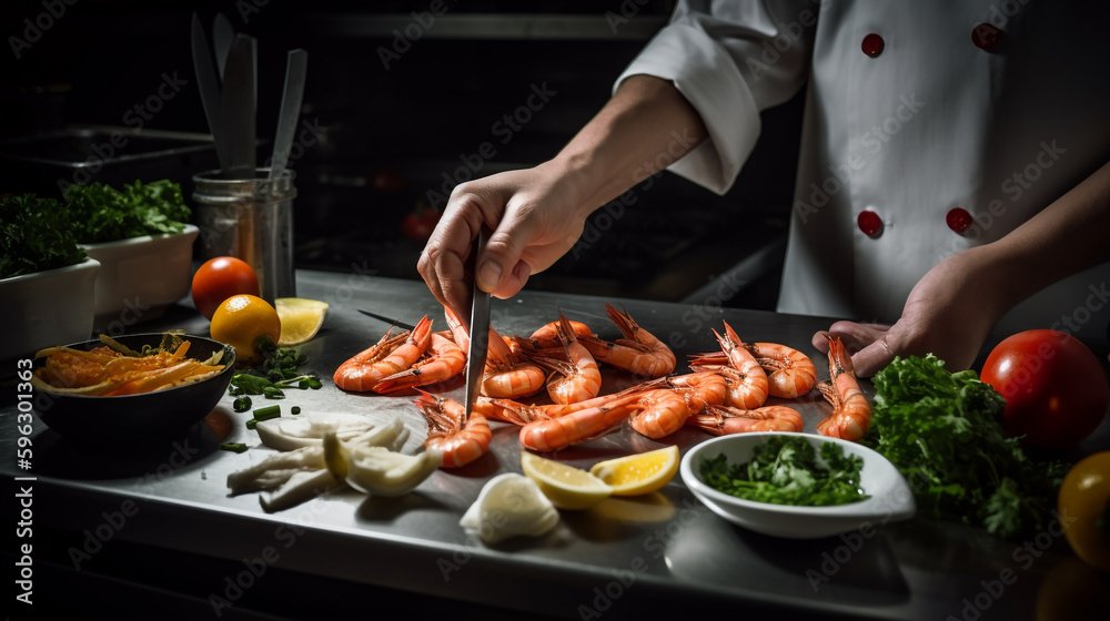 chef preparing shrimp on a cutting board. Generative Ai

