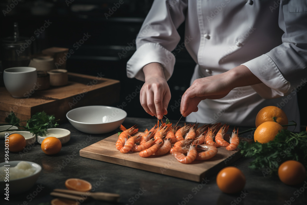 chef preparing shrimps in a kitchen. Generative Ai