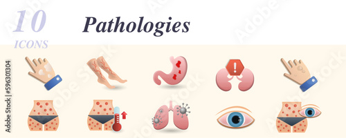 Pathologies set. Creative icons: vitiligo, varicose, ulcers, uremia, warts, varicella, typhus, tuberculosis, uveitis, watkins.