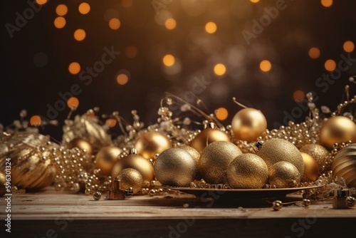 Festive golden Christmas background with space for text. Generative AI