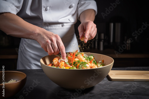 chef preparing shrimp salad in a bowl. Generative Ai