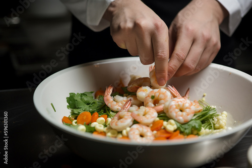 a chef is preparing a salad with shrimp. Generative Ai