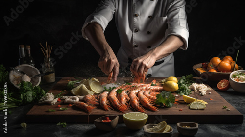 chef preparing a meal with shrimp and vegetables on a cutting board. Generative Ai