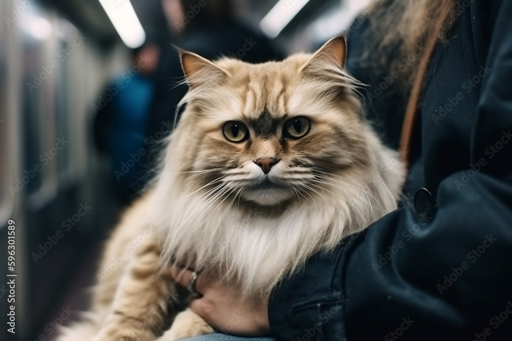 a person holding a cat on a subway. Generative Ai
