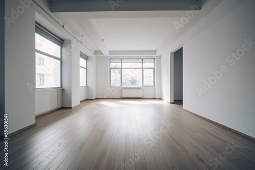 empty room with hardwood floors and windows. Generative Ai
