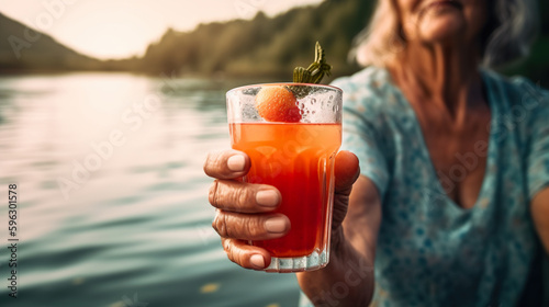 Generative ai, senior woman in a boat during a beautiful sunset and refreshing juice.