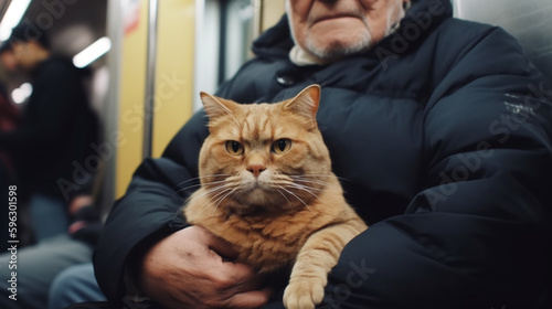 an older man holding a cat on a subway. Generative Ai