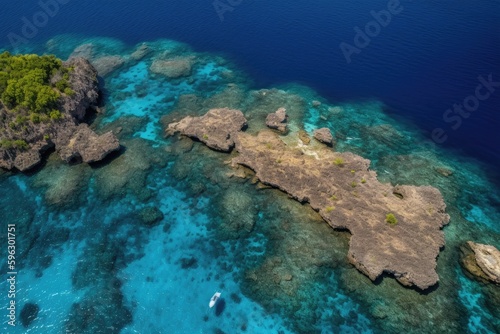 an aerial view of a vibrant and diverse coral reef ecosystem in the clear blue ocean. Generative AI