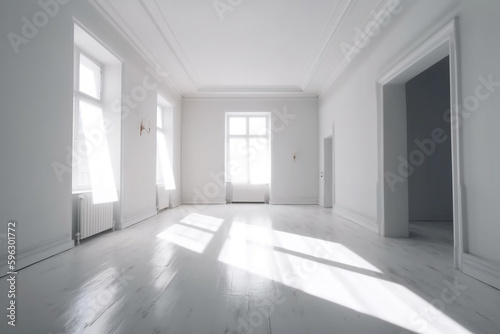 empty white room with sunlight coming in from the window. Generative Ai