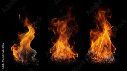 Fire flames collection on isolated on black background, generative ai