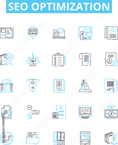 SEO optimization vector line icons set. SEO, optimization, ranking, content, visibility, backlinks, traffic illustration outline concept symbols and signs