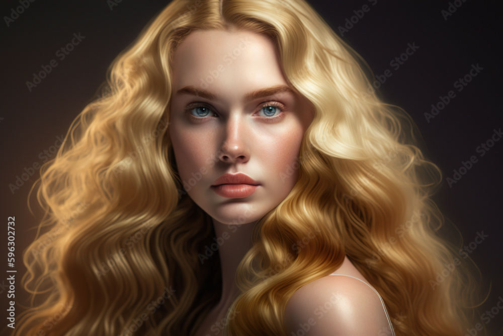Obraz premium portrait of a beautiful girl model with light golden wavy hair. Generative AI