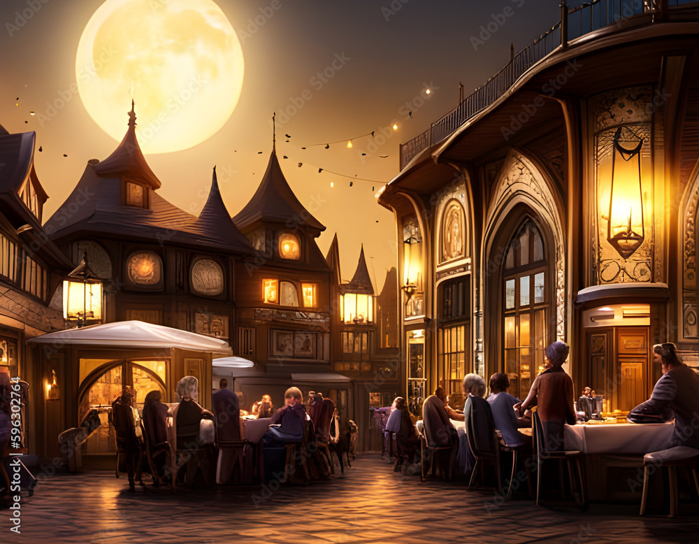 Cozy magical café courtyard at night. Warm glow over patrons relaxing at the tables. Urban night background. Digital illustration. CG Artwork Background