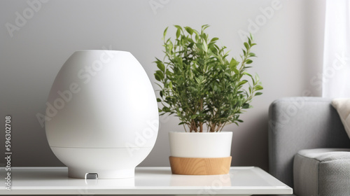 there is a white vase sitting on a table next to a plant. Generative Ai