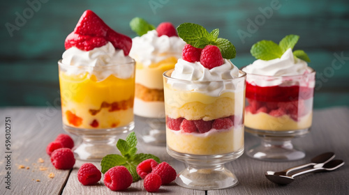 desserts in glasses with whipped cream and raspberries. Generative Ai