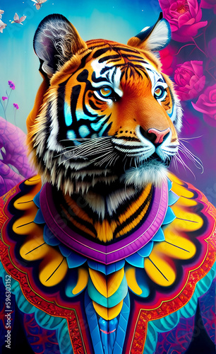 a illustration of a tiger wearing a colorful outfit  generative ai