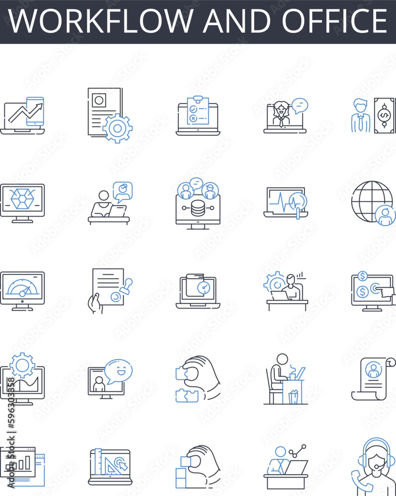Workflow and office line icons collection. Business and commerce, Creativity and imagination, Efficiency and productivity, Marketing and advertising, Digital and technology, Education and learning Workflow and office line icons collection. Business and commerce, Creativity and imagination, Efficiency and productivity, Marketing and advertising, Digital and technology, Education and learning