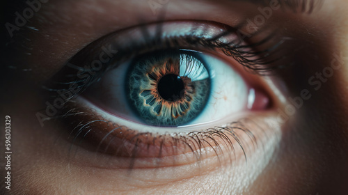 a close up of a woman's eye with blue iris. Generative Ai