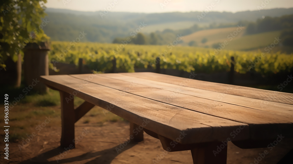 An empty wooden counter table top for product display showcase stage in a french vineyard. Generative AI