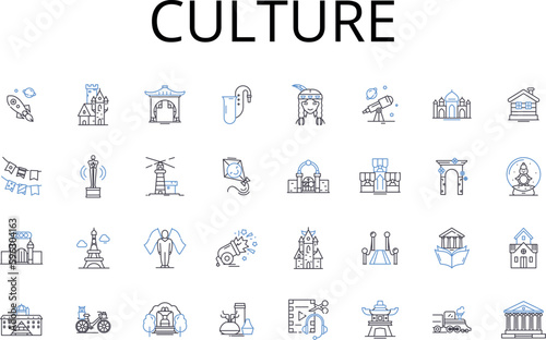 Culture line icons collection. Artistry, Customs, Tradition, Heritage, Society, Belief, Lifestyle vector and linear illustration. Ethos,Values,Philosophy outline signs set